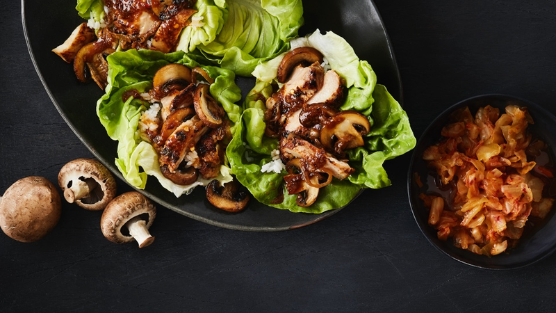 ONE-PAN KOREAN CHICKEN AND MUSHROOM WRAPS
