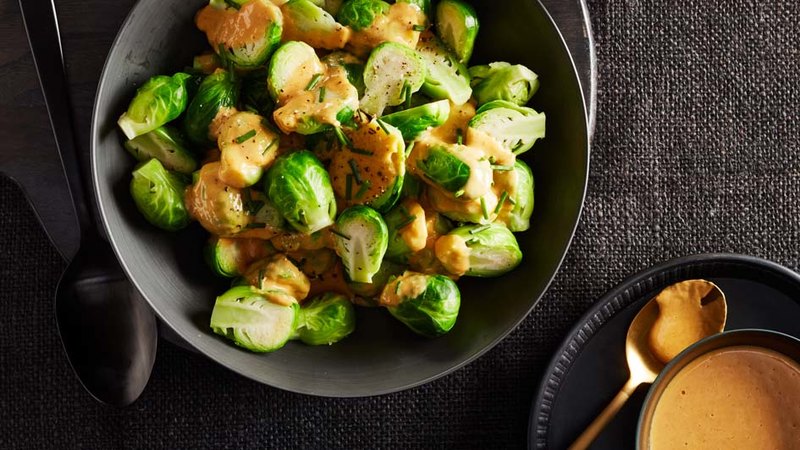 PAN-STEAMED SPROUTS WITH RAREBIT SAUCE