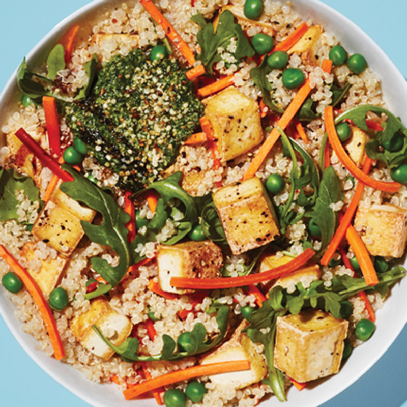 QUINOA POWER BOWL WITH LEMONY ARUGULA HEMP PESTO