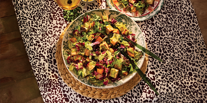 ROASTED SWEET POTATO SALAD WITH HALLOUMI CROUTONS