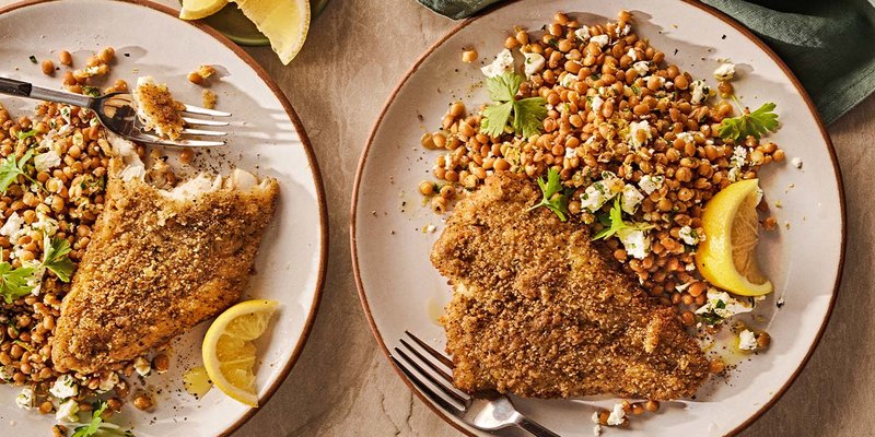 LENTIL SALAD WITH GARLIC AND HERB-CRUSTED FISH