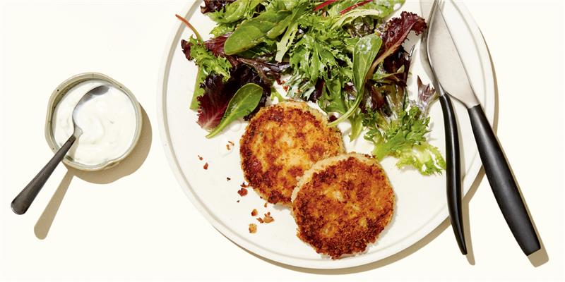 TZATZIKI TUNA POTATO CAKES AND SALAD