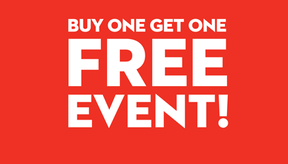 Buy One Get One Free promotion graphic with bold white text on a red background highlighting a special offer.
