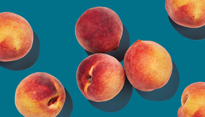 Fresh peaches arranged on a blue background, colorful summer fruit for Peach Festival promotion.